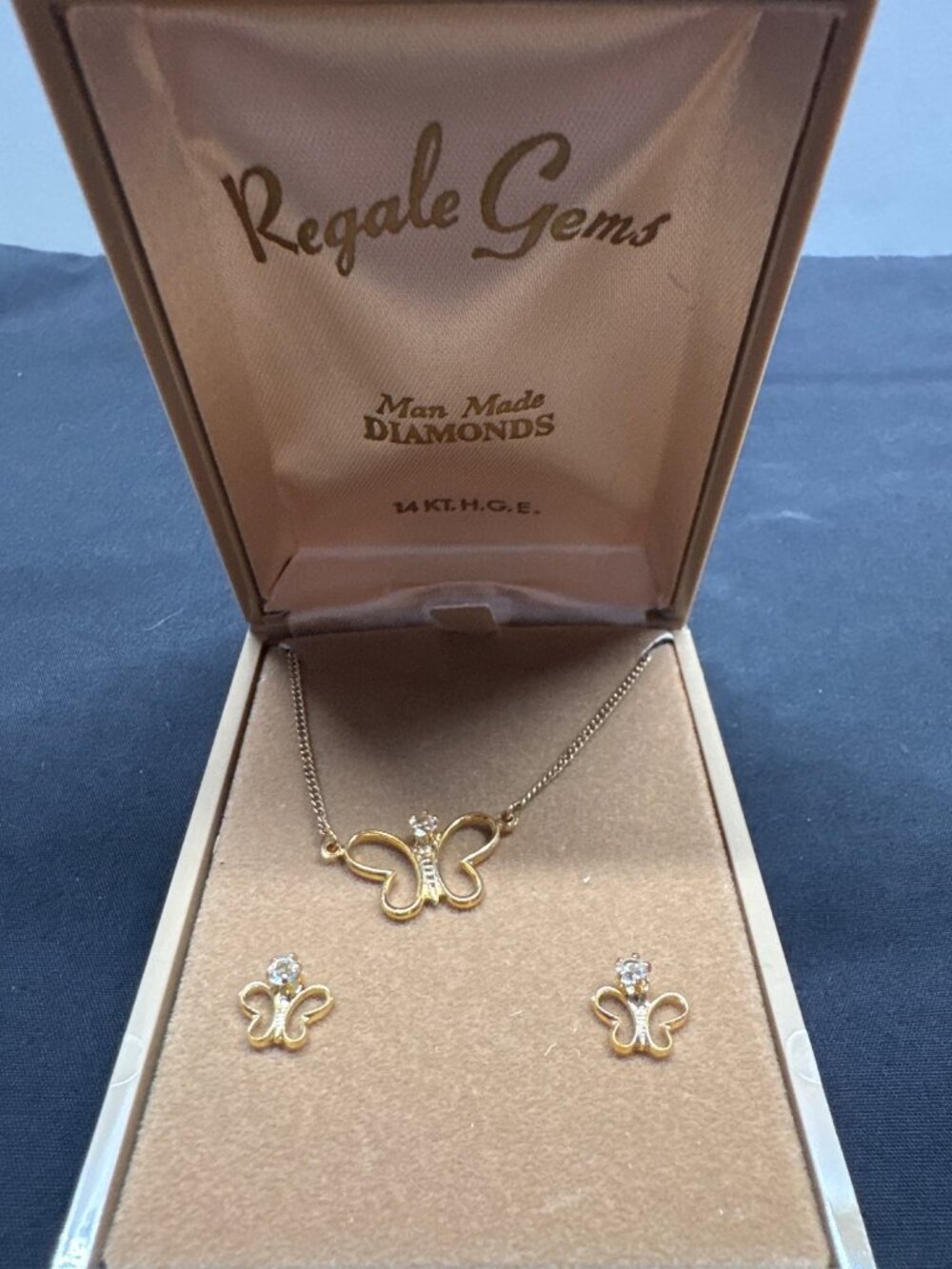 Butterfly Necklace & Earrings Set 14K Gold Plated Finish & Man-Made Diamonds By